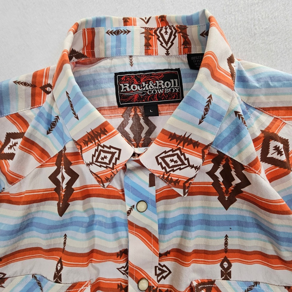 Rock and Roll Cowboy Mens Aztec Pearl Snap Western Shirt Orange Blue B2S9106 L